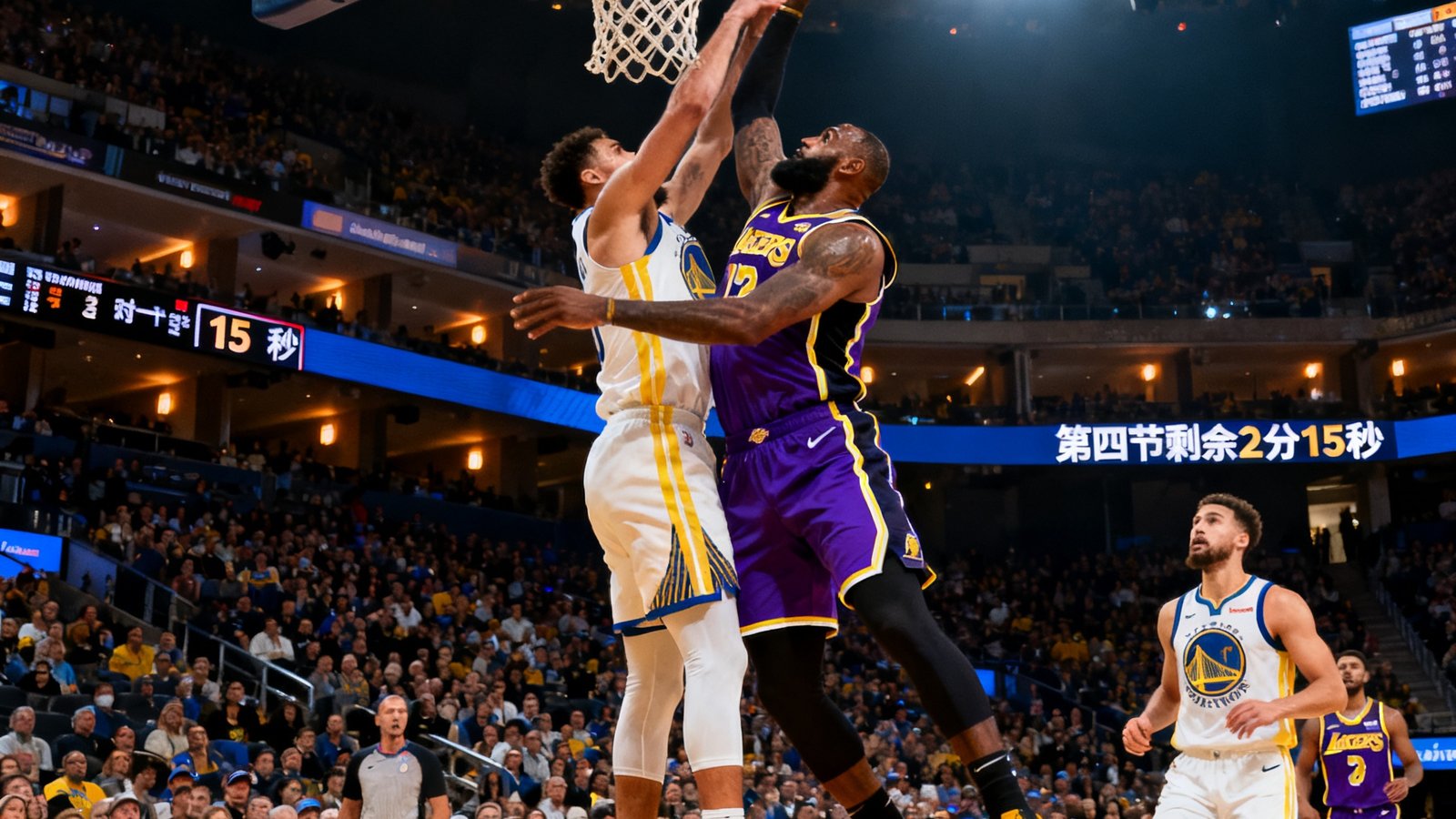 NBA季后赛高清直播画面截图：身穿紫色球衣的湖人队球员与金州勇士队球员在篮下激烈拼抢篮板球，场馆内观众沸腾，记分牌显示第四节剩余2分15秒。